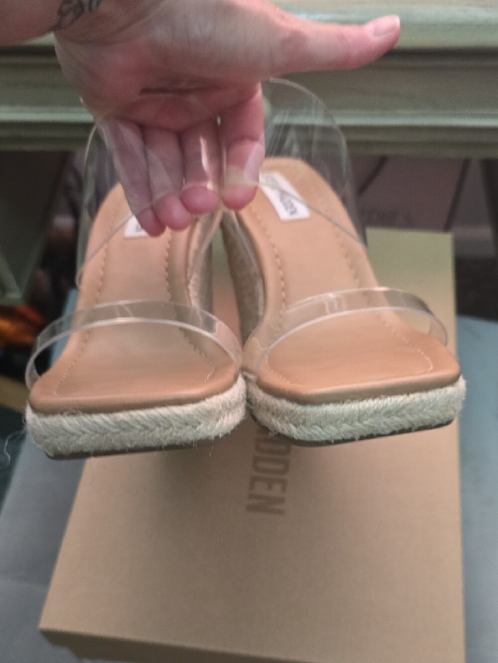 Steve Madden Clear Strap Tan Espadrille Wedge Sandals - Picture 4 of 8